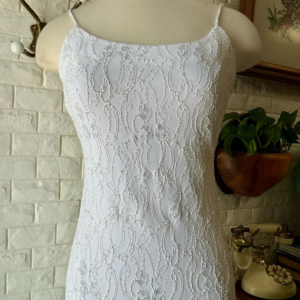 Vintage 1990s White Lace Overlay Bodycon Formal Dress Side Cut-Outs Scoop Back - Picture 5 of 14